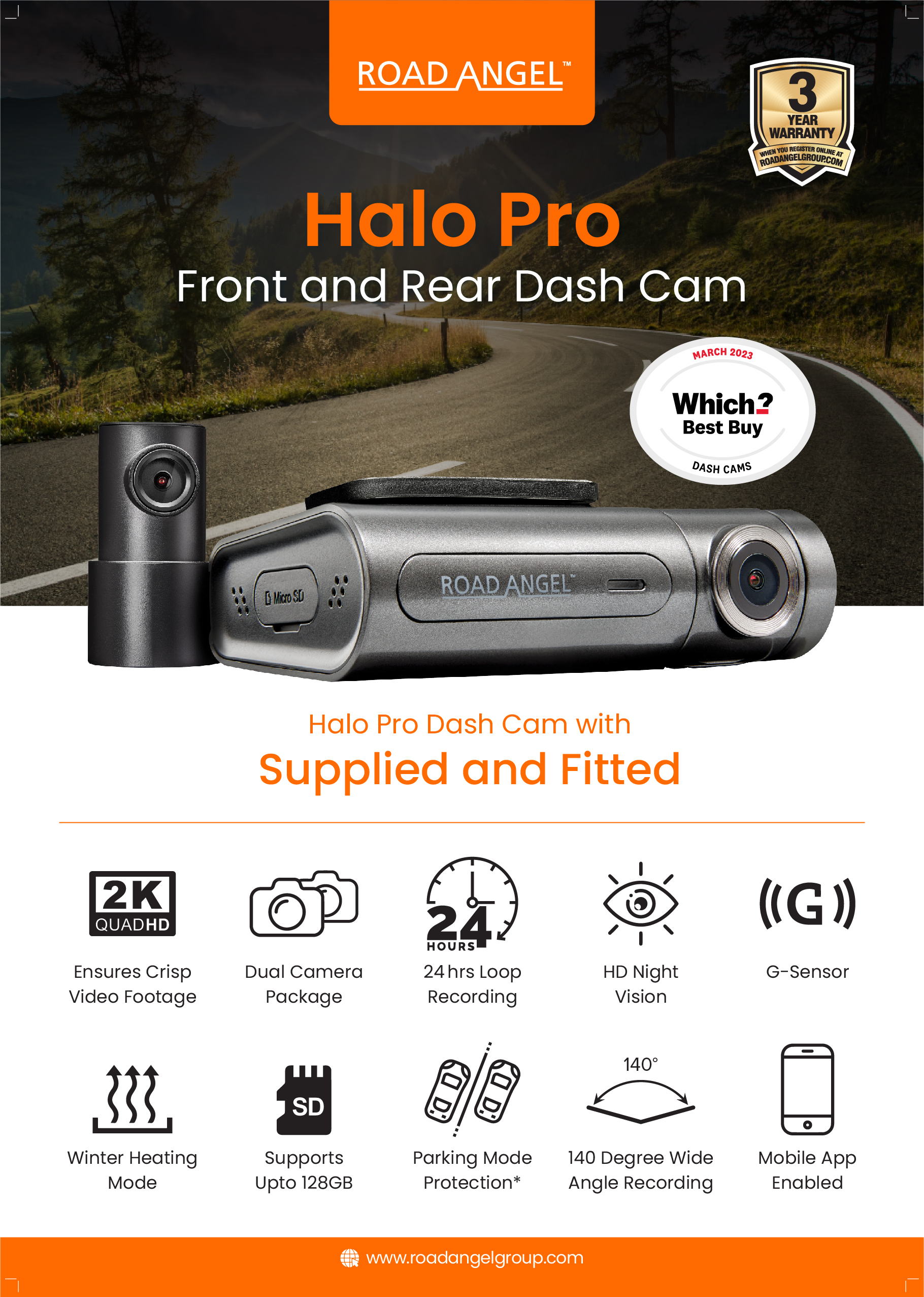 Road Angel Halo Pro Dash Cam Dual 2K Full HD Coverage